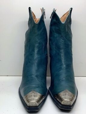 Free People Brayden Petrol Leather Ankle Boots with Silver Toe Caps Sz 40/9US
